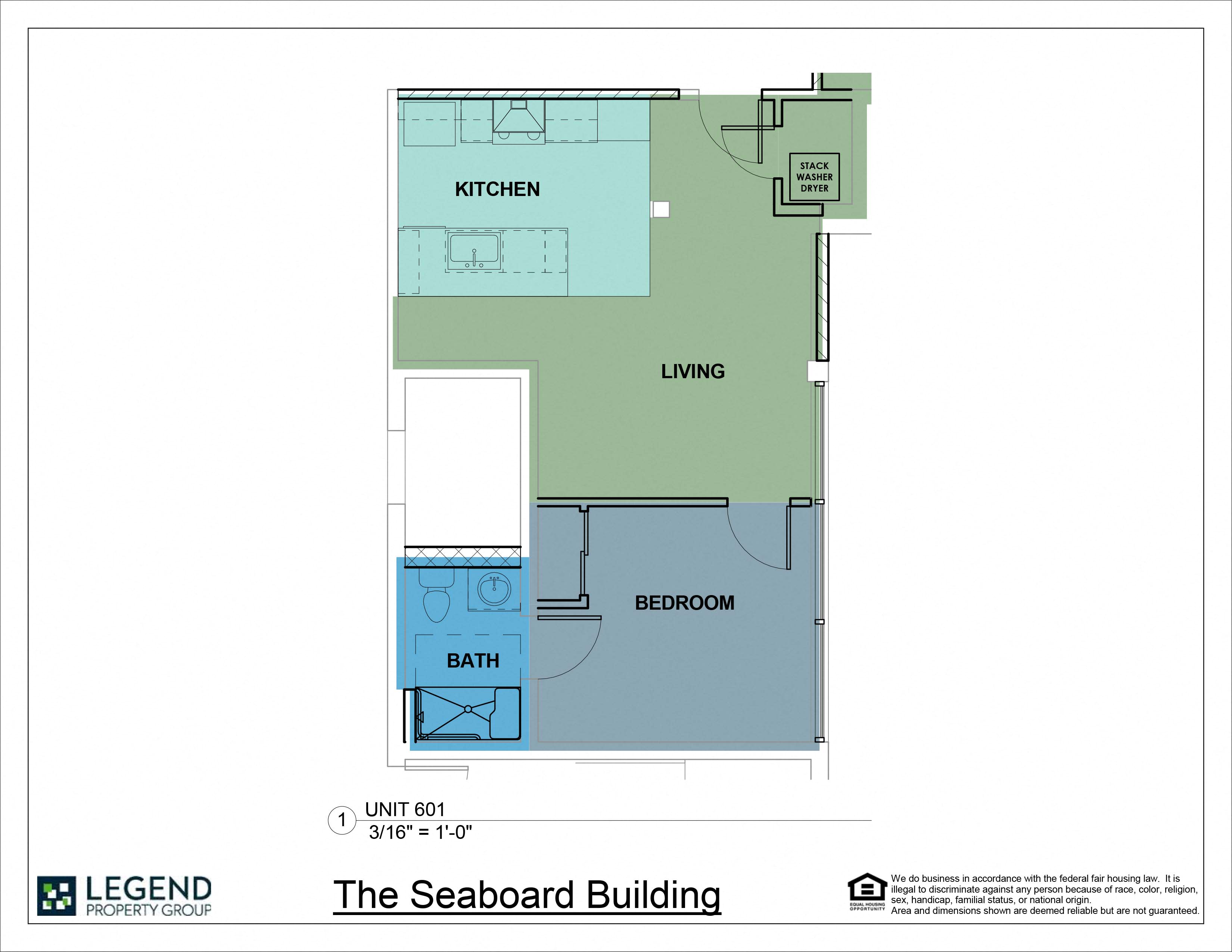 Floor plan for 1 bed, 1 bath, 573 sqft